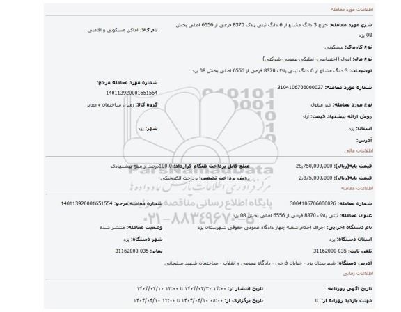 مزایده، 3 دانگ مشاع از 6 دانگ  ثبتی پلاک 8370 فرعی از 6556 اصلی بخش 08  یزد