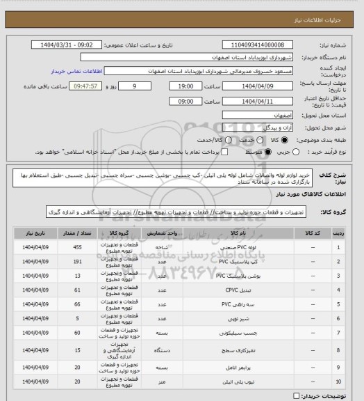 استعلام خرید لوازم لوله واتصالات شامل لوله پلی اتیلن -کپ چسبی -بوشن چسبی -سراه چسبی -تبدیل چسبی -طبق استعلام بها بارگزاری شده در سامانه ستاد