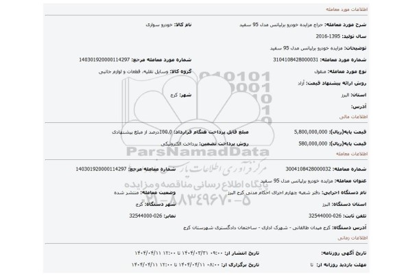 مزایده، مزایده خودرو برلیانس مدل 95 سفید