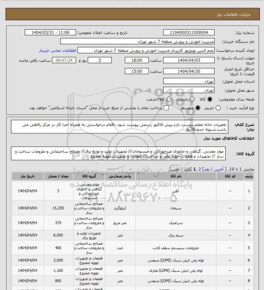 استعلام تعمیرات خانه معلم،پیوست دارد.پیش فاکتور رسمی پیوست شود .اقلام درخواستی به همراه اجرا کار در مرکز رفاهی می باشد.تسویه حدود30روز