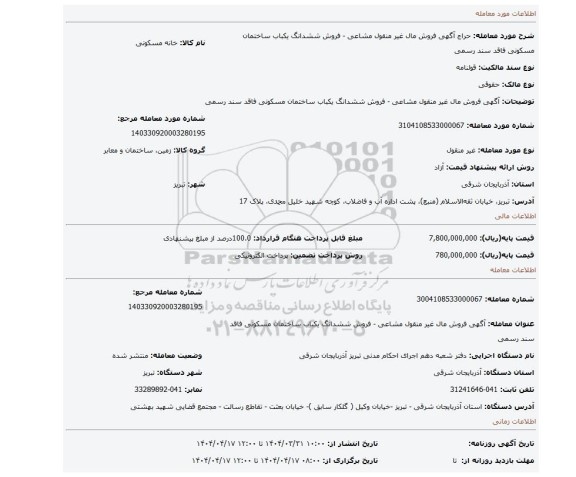 مزایده، آگهی فروش مال غیر منقول مشاعی - فروش ششدانگ یکباب ساختمان مسکونی فاقد سند رسمی