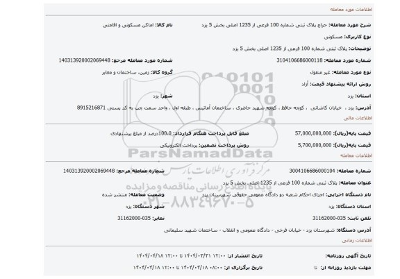 مزایده، پلاک ثبتی شماره 100 فرعی از 1235 اصلی بخش 5 یزد