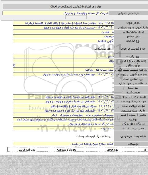 مناقصه, اجرای شبکه های توسعه یافته و نصب انشعابات پراکنده در سطح شهرستان اردل