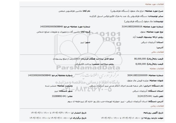 مزایده، مال منقول (دستگاه ظرفشوئی)