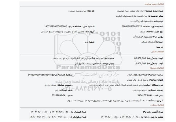 مزایده، مال منقول (چرخ گوشت)
