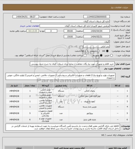 استعلام خرید اقلام و تجهیزات مورد نیاز یگان حفاظت از منابع آبزیان شیلات گیلان به شرح جدول پیوستی