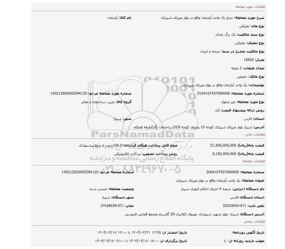 مزایده، یک واحد آپارتمان واقع در بلوار میرزای شیرازی