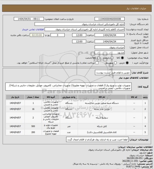 استعلام دوربین و لوازم طبق لیست پیوست