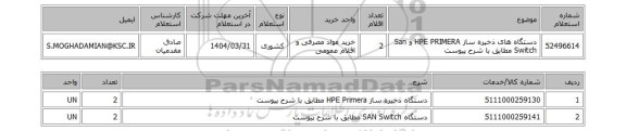 استعلام دستگاه های ذخیره ساز HPE PRIMERA و San Switch مطابق با شرح پیوست