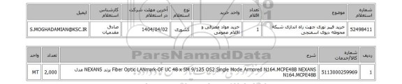 استعلام خرید فیبر نوری جهت راه اندازی شبکه محوطه دپوی اسفنجی