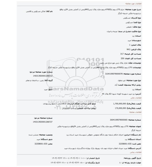 مزایده، 170سهم از47605سهم مازاد پلاک ثبتی942فرعی از 1اصلی بخش 24یزد واقع درشهیدیه ملکی خدیجه کارگر