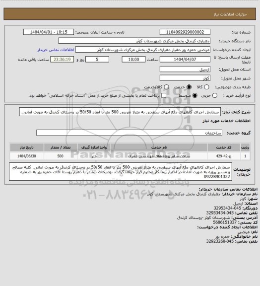 استعلام سفارش اجرای کانالهای دفع آبهای سطحی به متراژ تقریبی 500 متر با ابعاد 50/50 در روستای کرندق به صورت امانی.