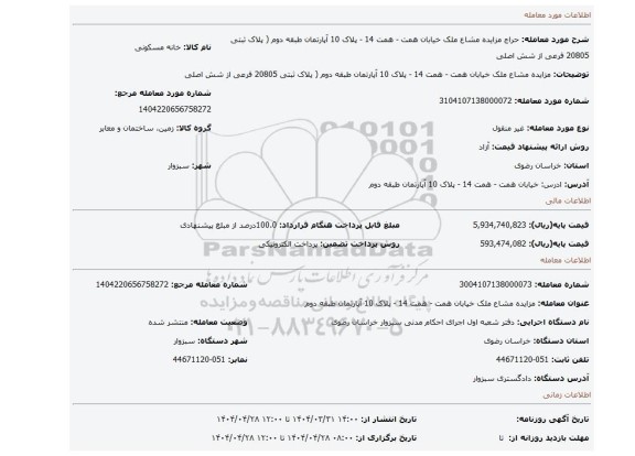 مزایده، مزایده مشاع ملک خیابان همت - همت 14 - پلاک 10 آپارتمان طبقه دوم ( پلاک ثبتی 20805 فرعی از شش اصلی