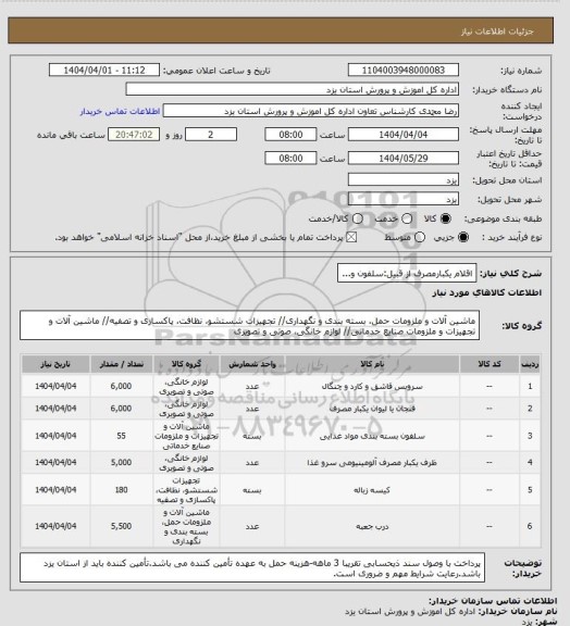 استعلام اقلام یکبارمصرف از قبیل:سلفون و...