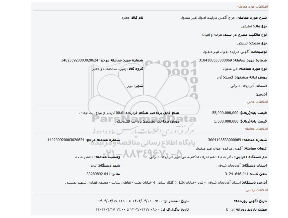 مزایده، آگهـی مـزایده امـوال غیـر منقـول
