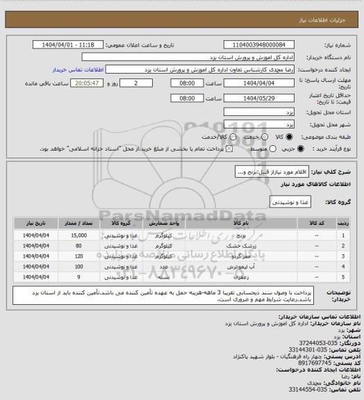 استعلام اقلام مورد نیازاز قبیل:برنج و...