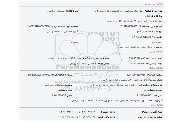 مزایده، پلاک ثبتی فرعی 37 باقیمانده از 1491 بخش 4 یزد