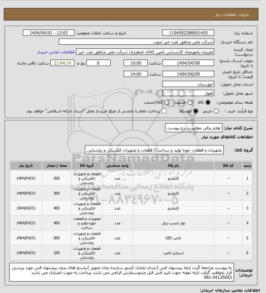 استعلام لوازم برقی مطابق شرح پیوست
