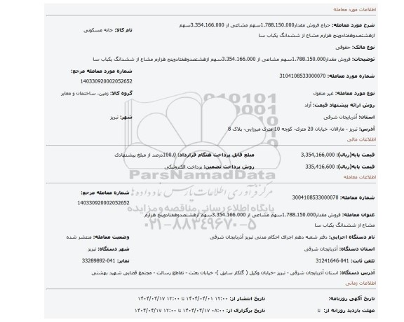 مزایده، فروش مقدار1.788.150.000سهم مشاعی از 3.354.166.000سهم ازهشتصدوهفتادوپنج هزارم مشاع از ششدانگ یکباب سا