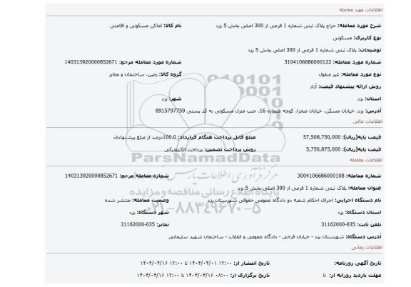 مزایده، پلاک ثبتی شماره 1 فرعی از 300 اصلی بخش 5 یزد
