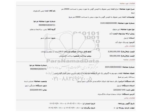 مزایده، قطعه زمین معروف به فیضی گونی به صورت دیمی با مساحت 25000 متر مربع