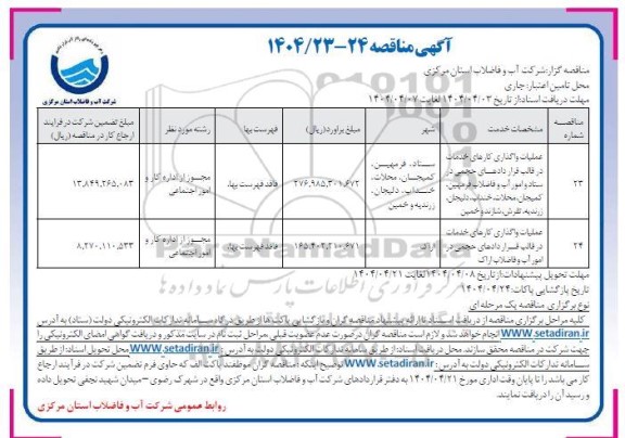 مناقصه عملیات واگذاری کارهای خدمات در قالب قراردادهای ....