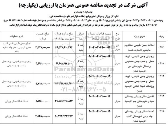 تجدید مناقصه احداث چمن طبیعی استادیوم و....