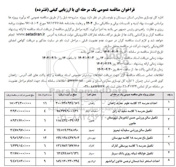 مناقصه احداث مدرسه 12 کلاسه علوم معارف 