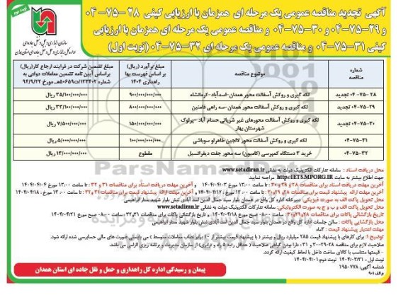 مناقصه لکه گیری و روکش آسفالت محور و...