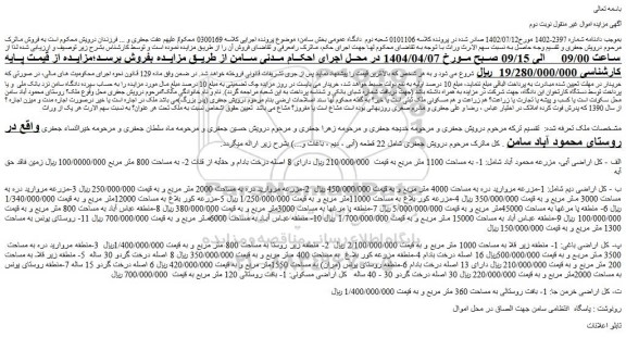 مزایده اراضی آبی، مزرعه محمود آباد شامل: 1- به مساحت 1100 متر مربع