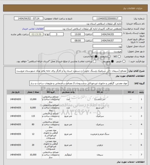 استعلام مصالح (سیمان ،اجر ،سرامیک وسنگ جاوید) و دستمزد استاد بنا و کارگر برای خانه عالم توتک شهرستان مروست