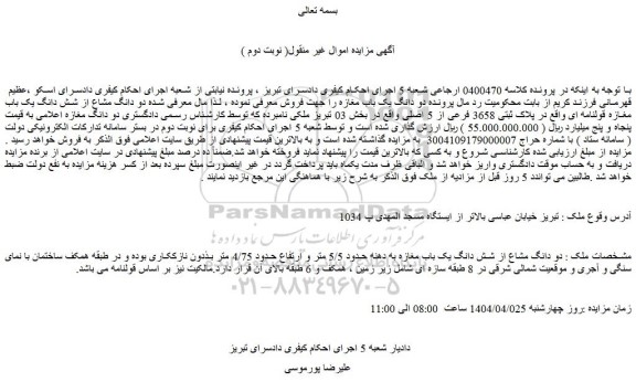 مزایده دو دانگ مشاع از شش دانگ یک باب مغازه به دهنه حدود 5/5 متر و ارتفاع حدود 4/75 متر