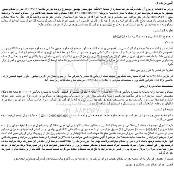 مزایده حق کسب و پیشه یک باب مغازه