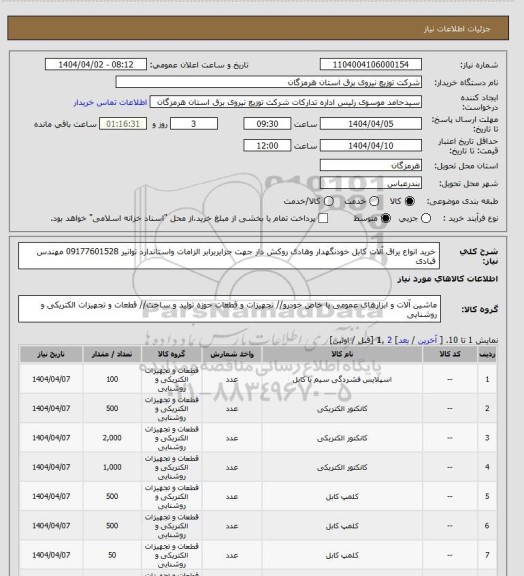 استعلام خرید انواع یراق آلات کابل خودنگهدار وهادی روکش دار جهت جزایربرابر الزامات واستاندارد توانیر 09177601528 مهندس قبادی
