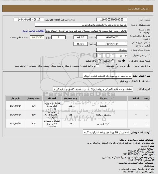 استعلام درخواست خرید اضطراری کابلشو فول بی متال
