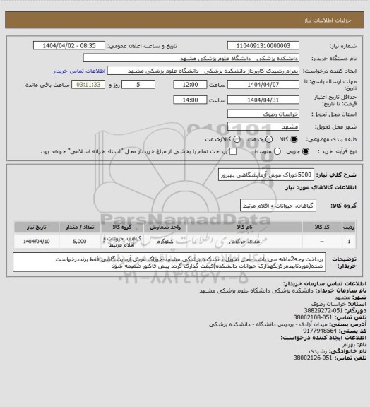 استعلام 5000خوراک موش آزمایشگاهی بهپرور