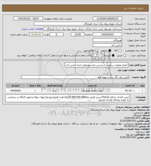 استعلام انجام عملیات سرویس اساسی ترانسفورماتور ناحیه حاجی آباد