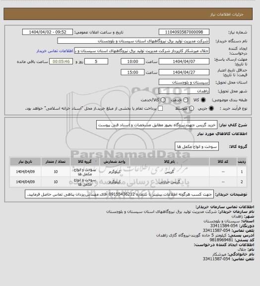 استعلام خرید گریس جهت نیروگاه بمپور مطابق مشخصات و اسناد فنی پیوست