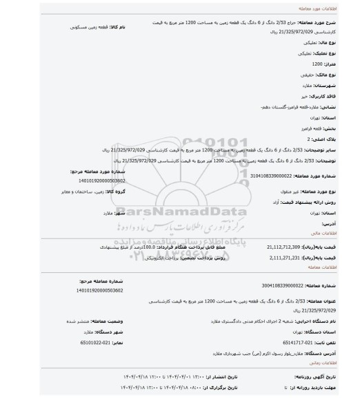 مزایده، 2/53 دانگ از 6 دانگ یک قطعه زمین به مساحت 1200 متر مربع به قیمت کارشناسی 21/325/972/029 ریال