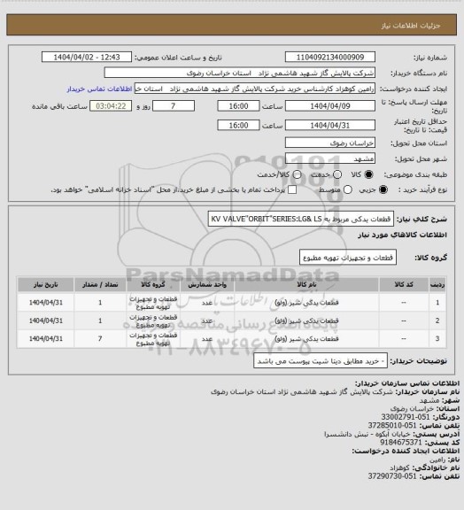 استعلام قطعات یدکی مربوط به KV VALVE"ORBIT"SERIES:LG& LS