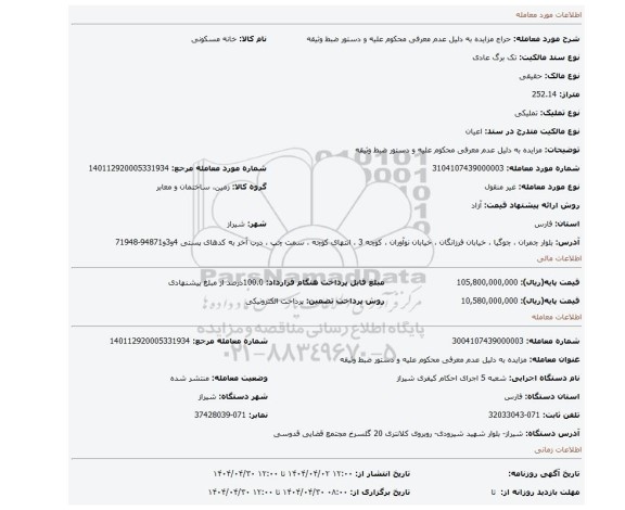 مزایده، مزایده به دلیل عدم معرفی محکوم علیه و دستور ضبط وثیقه