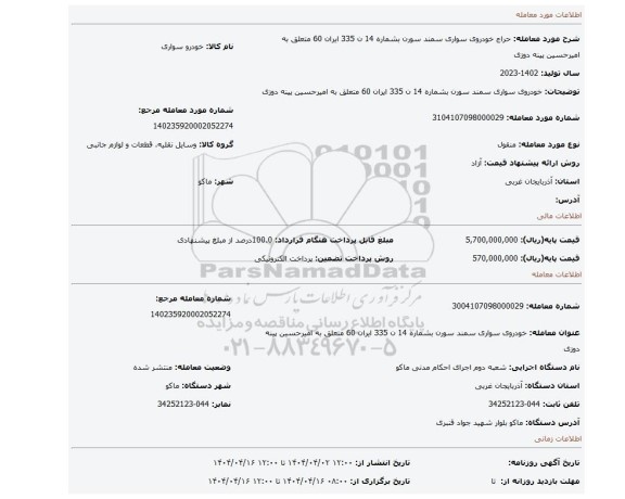 مزایده، خودروی سواری سمند سورن بشماره 14 ن 335 ایران 60 متعلق به امیرحسین پینه دوزی