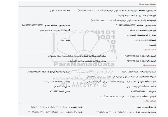 مزایده، یک باب خانه مسکونی در قریه تازه کند با سند عادی ( ملاقباله )