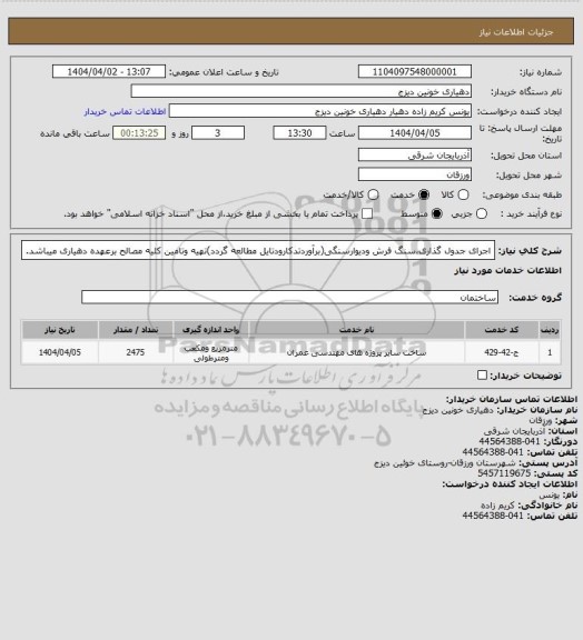 استعلام اجرای جدول گذاری،سنگ فرش ودیوارسنگی(برآوردتدکارودتایل مطالعه گردد)تهیه وتامین کلیه مصالح برعهده دهیاری میباشد.