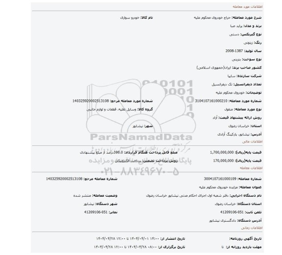 مزایده، خودروی محکوم علیه