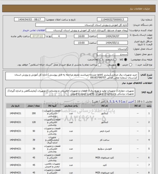 استعلام خرید تجهیزات برق صنعتی(بیشتر کالاها مشابه میباشند ملزوم مراجعه به فایل  پیوستی)  اداره کل آموزش و پرورش استان کردستان شماره تماس امانی 09183799707