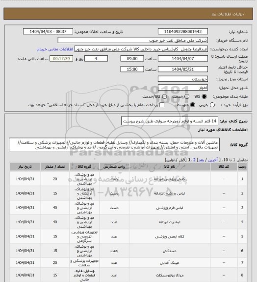 استعلام 14 قلم البسه و لوازم دوچرخه سواری طبق شرح پیوست