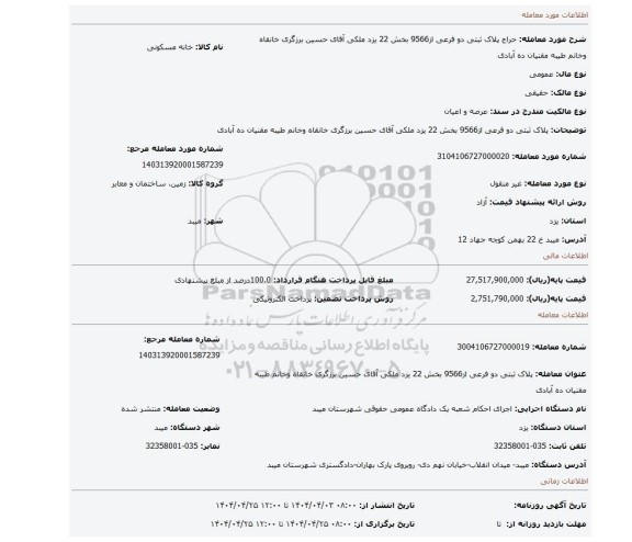 مزایده، پلاک ثبتی دو فرعی از9566 بخش 22 یزد ملکی آقای حسین برزگری خانقاه وخانم طیبه مقنیان ده آبادی