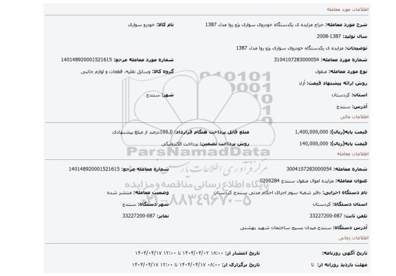 مزایده، مزایده ی یکدستگاه خودروی سواری پژو روا مدل 1387