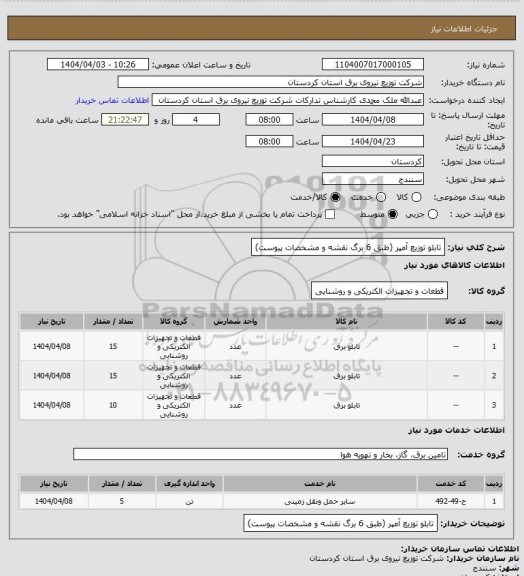 استعلام تابلو توزیع آمپر (طبق 6 برگ نقشه و مشخصات پیوست)